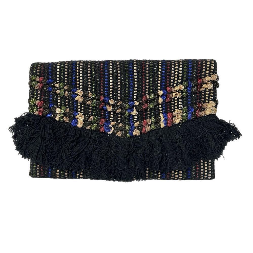 Stella & Dot Taj Clutch Boho Rug Clutch Metallic Black Fringe Handbag NEW